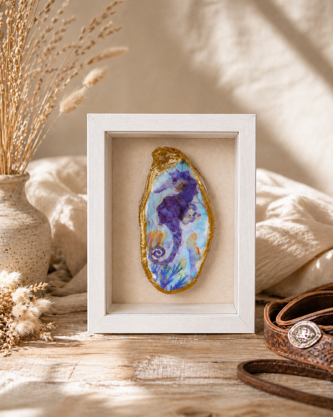 Handcrafted Seahorse Oyster Shell Shadow Box – 5” x 7” Coastal Wall Decor | One-of-a-Kind Art