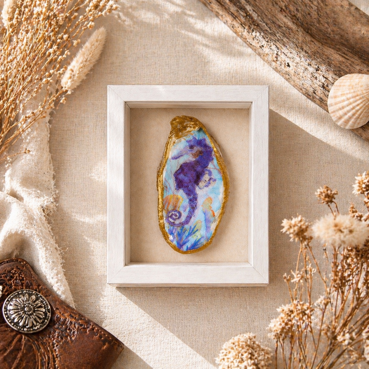 Handcrafted Seahorse Oyster Shell Shadow Box – 5” x 7” Coastal Wall Decor | One-of-a-Kind Art