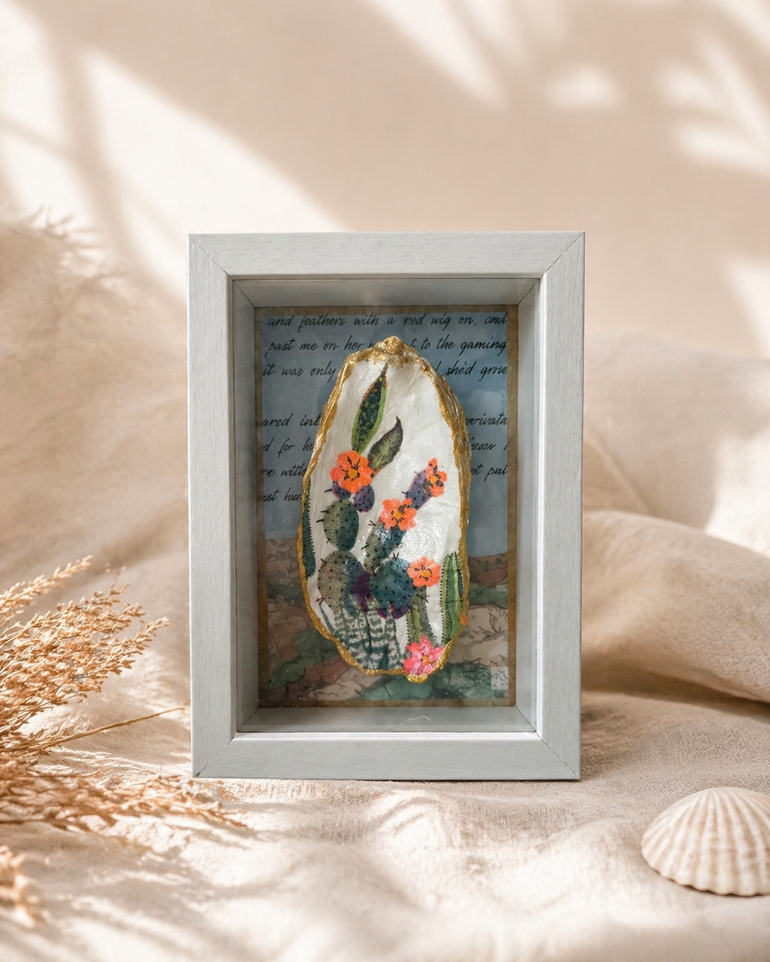 Handcrafted Oyster Shell Shadow Box Decor - Cactus Wall Decor / Shelf Sitter / 5”x7”