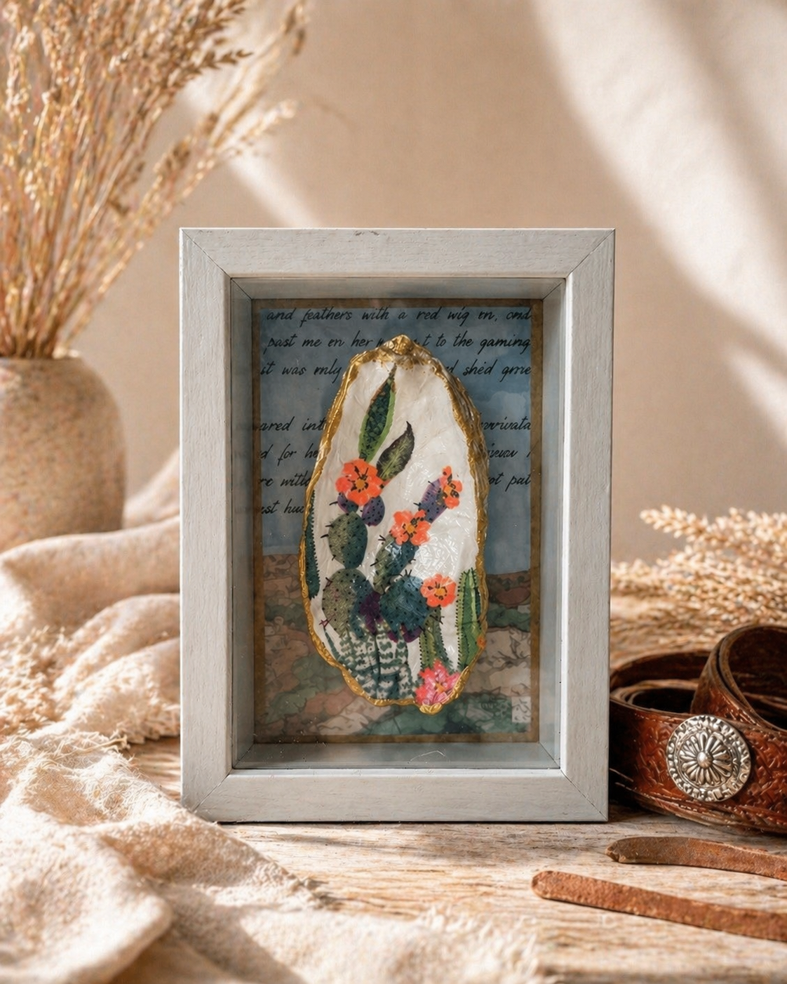 Handcrafted Oyster Shell Shadow Box Decor - Cactus Wall Decor / Shelf Sitter / 5”x7”