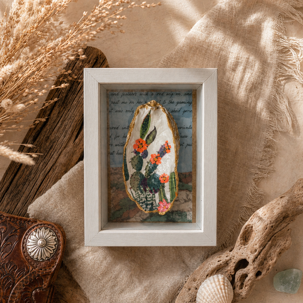 Handcrafted Oyster Shell Shadow Box Decor - Cactus Wall Decor / Shelf Sitter / 5”x7”
