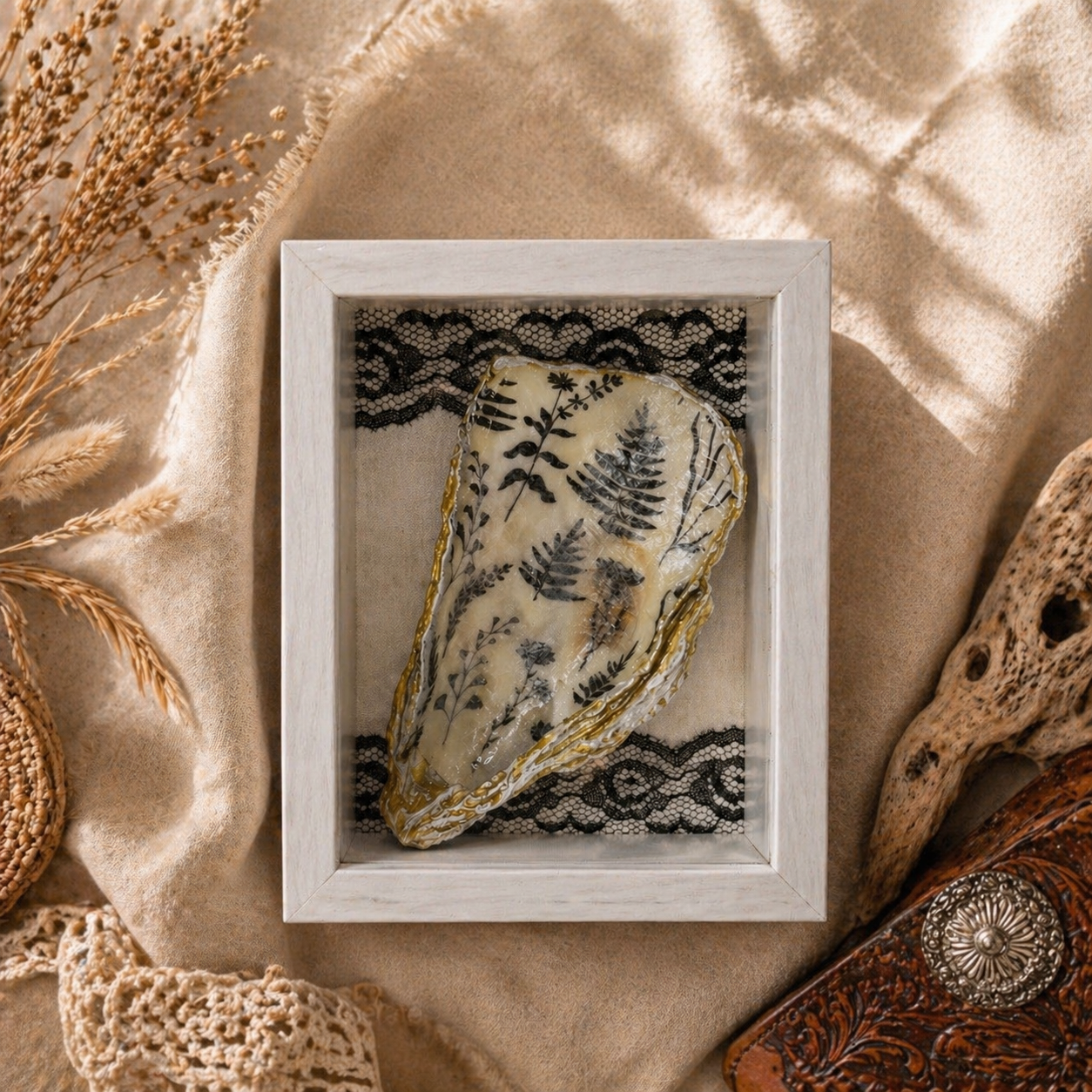 Handcrafted Oyster Shell / Seashell Shadow Box Shelf Decor / Black/White Lace / 5”x7”