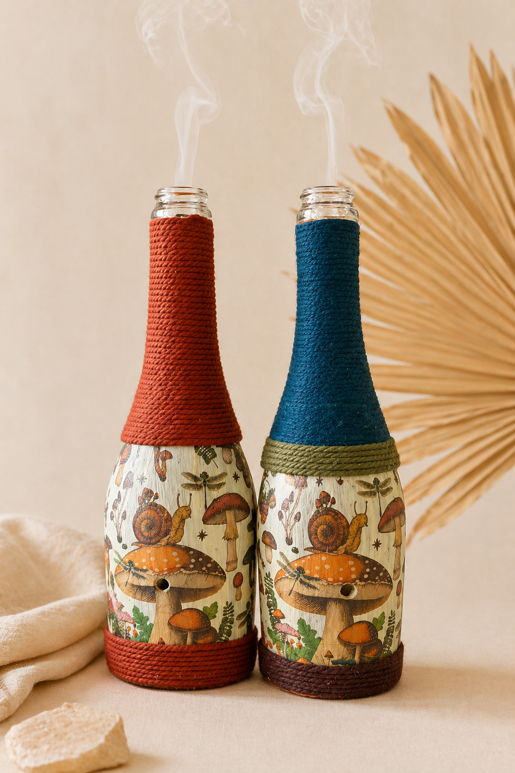 Woodland Mushroom Decor | Upcycled Wine Bottle Incense Burner | Cottagecore Home Fragrance Decor