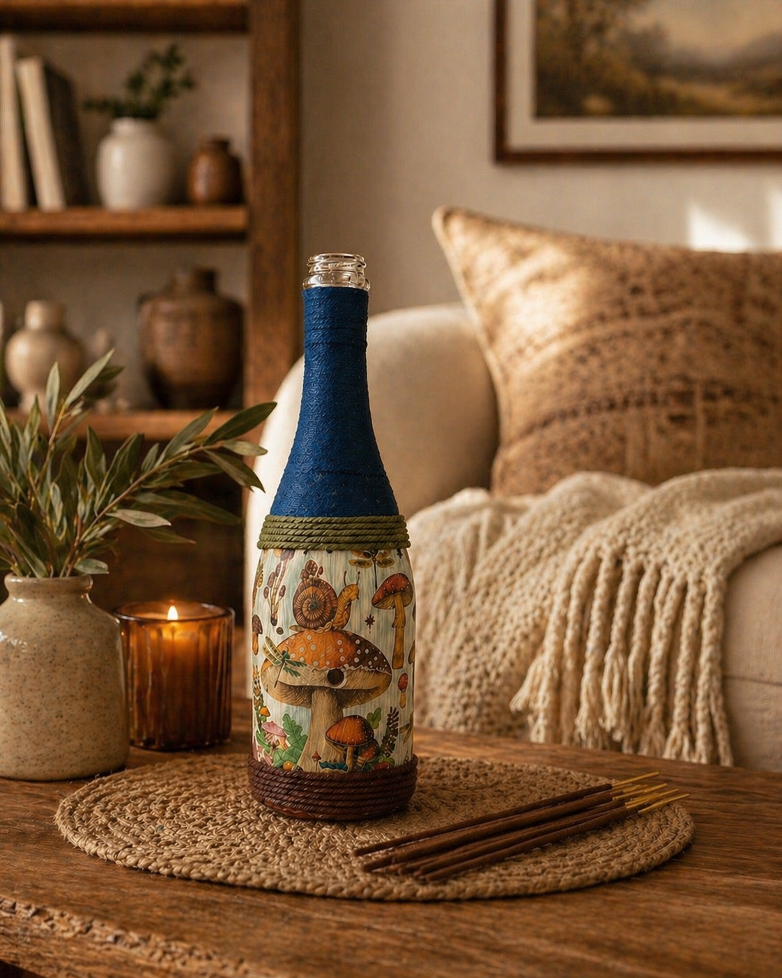 Woodland Mushroom Decor | Upcycled Wine Bottle Incense Burner | Cottagecore Home Fragrance Decor