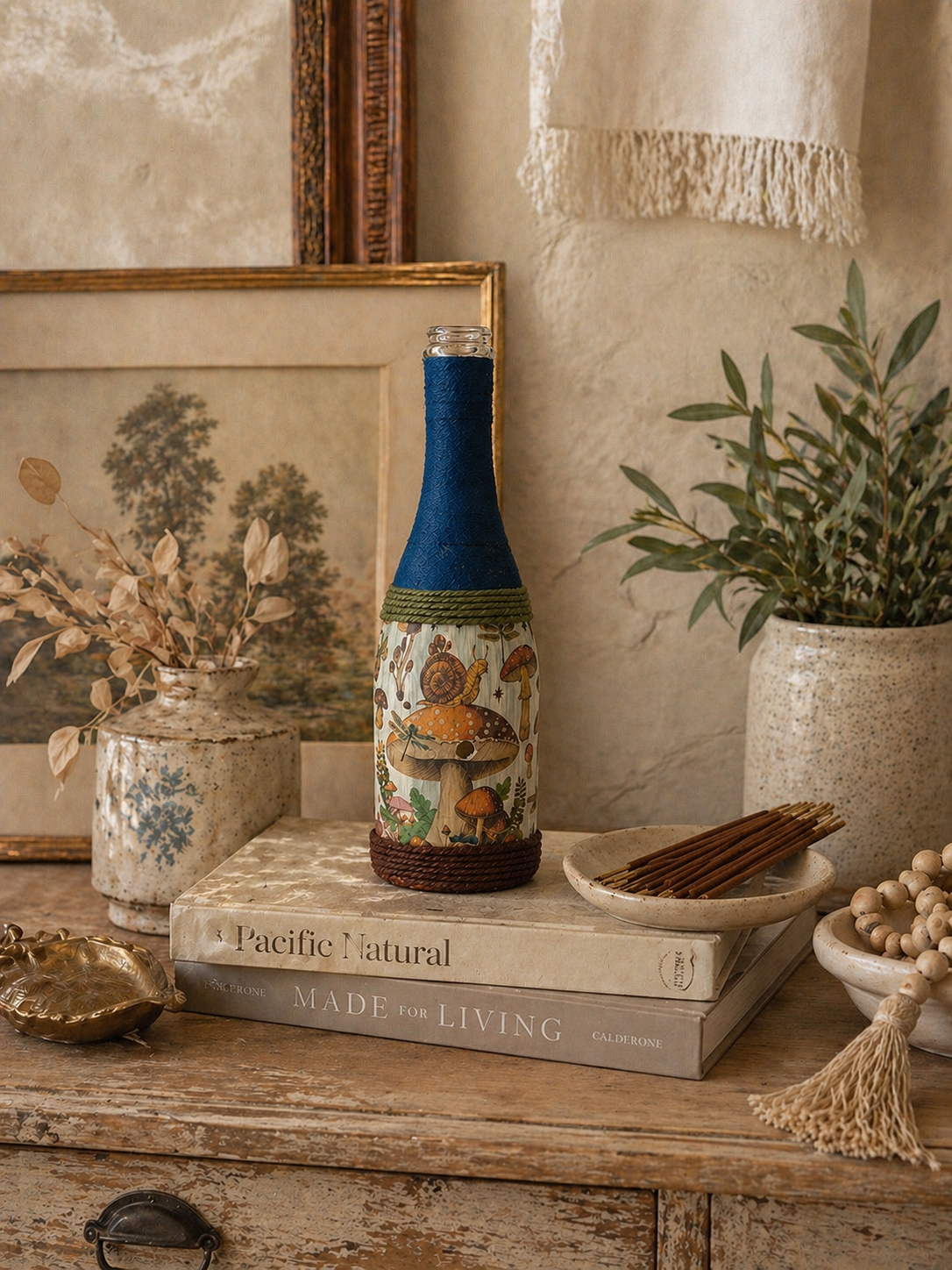 Woodland Mushroom Decor | Upcycled Wine Bottle Incense Burner | Cottagecore Home Fragrance Decor