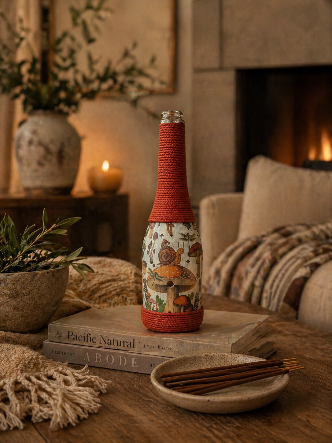 Woodland Mushroom Decor | Upcycled Wine Bottle Incense Burner | Cottagecore Home Fragrance Decor