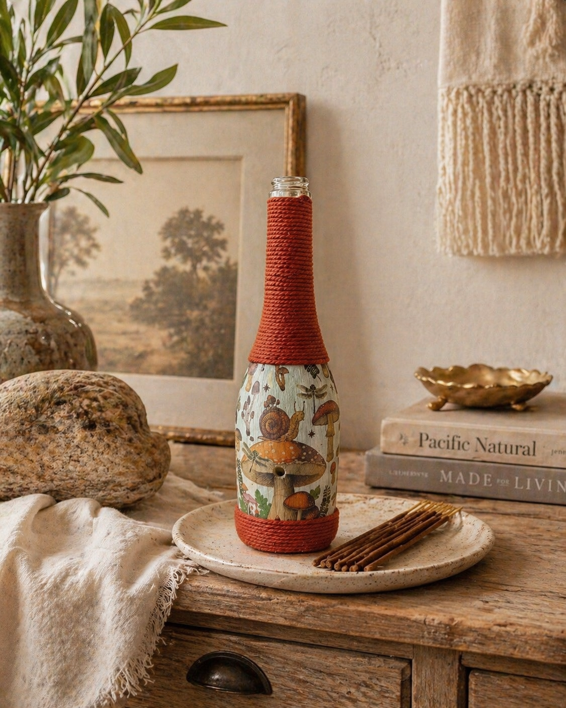 Woodland Mushroom Decor | Upcycled Wine Bottle Incense Burner | Cottagecore Home Fragrance Decor