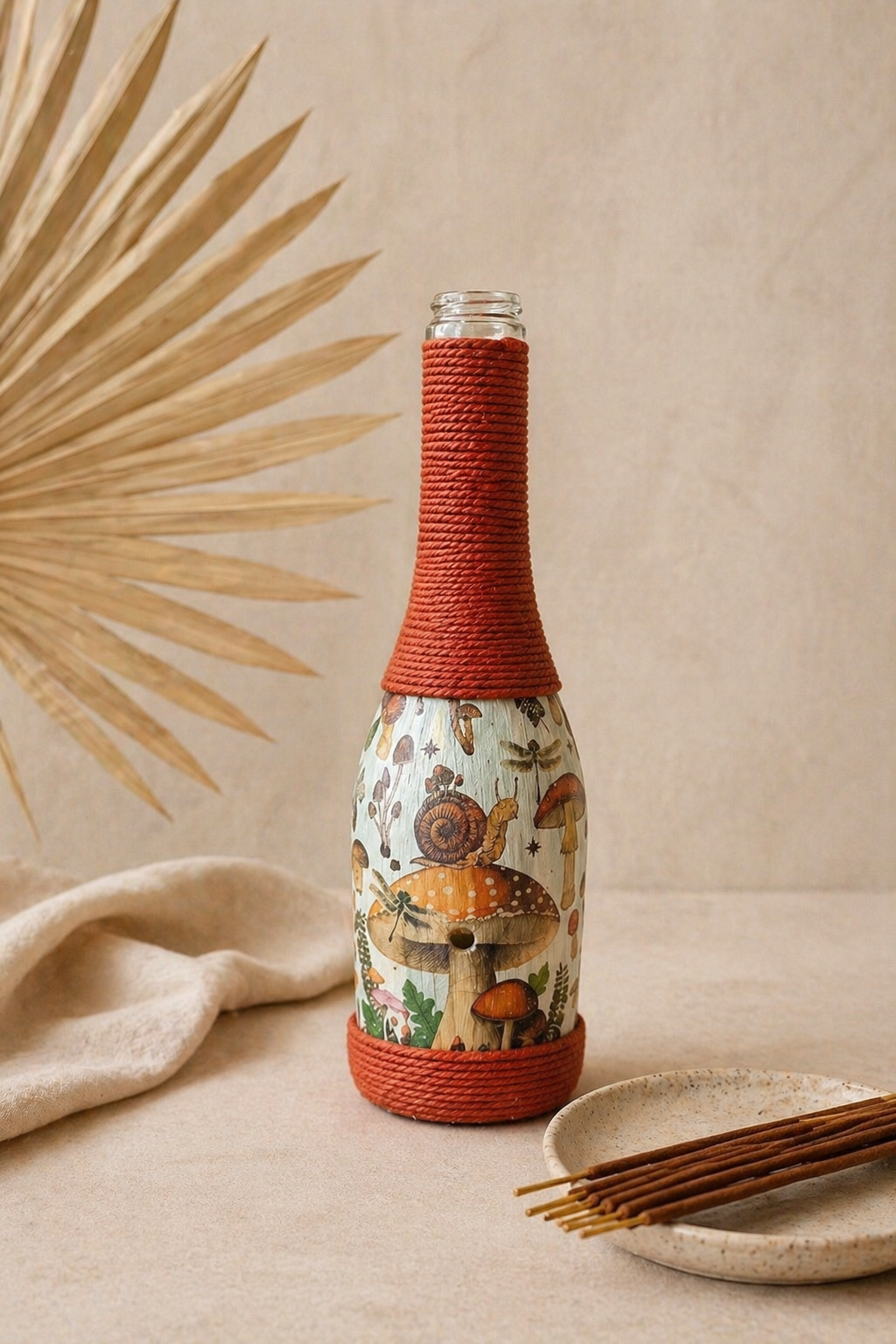 Woodland Mushroom Decor | Upcycled Wine Bottle Incense Burner | Cottagecore Home Fragrance Decor