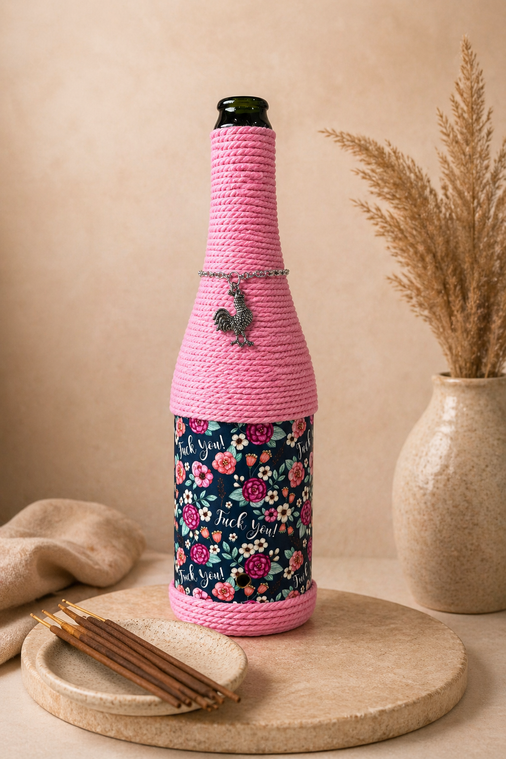 Pink Floral Upcycled Wine Bottle Incense Burner | Boho Home Fragrance Decor