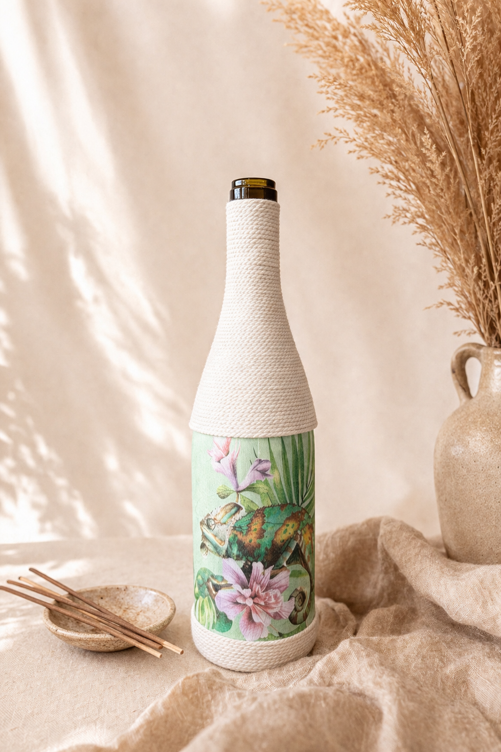 Botanical Chameleon Upcycled Wine Bottle Incense Burner | Boho Fragrance Decor