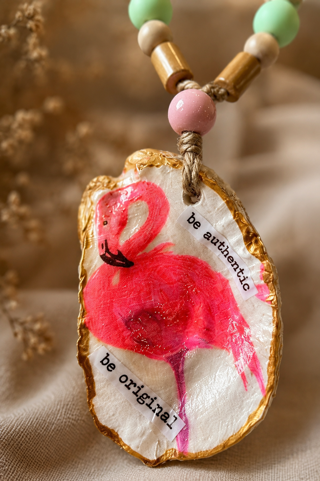 Flamingo Oyster Shell Bottle Charm | Coastal Wine Decor Gift