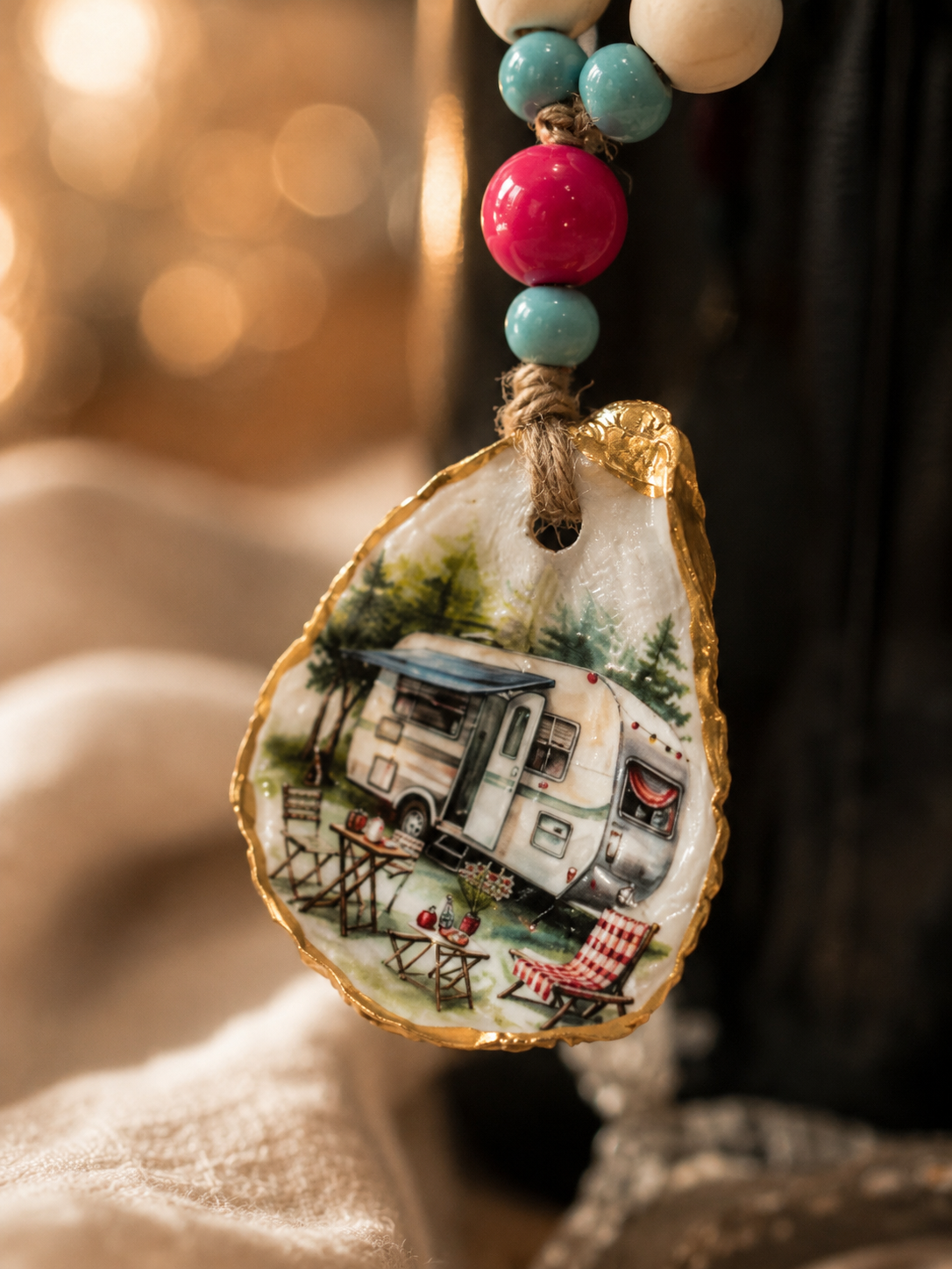 Vintage Camper Oyster Shell Bottle Charm | Boho Wine Bottle Decor Gift