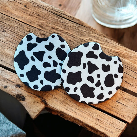 Black/White Cow Print Neoprene Car Coaster Set