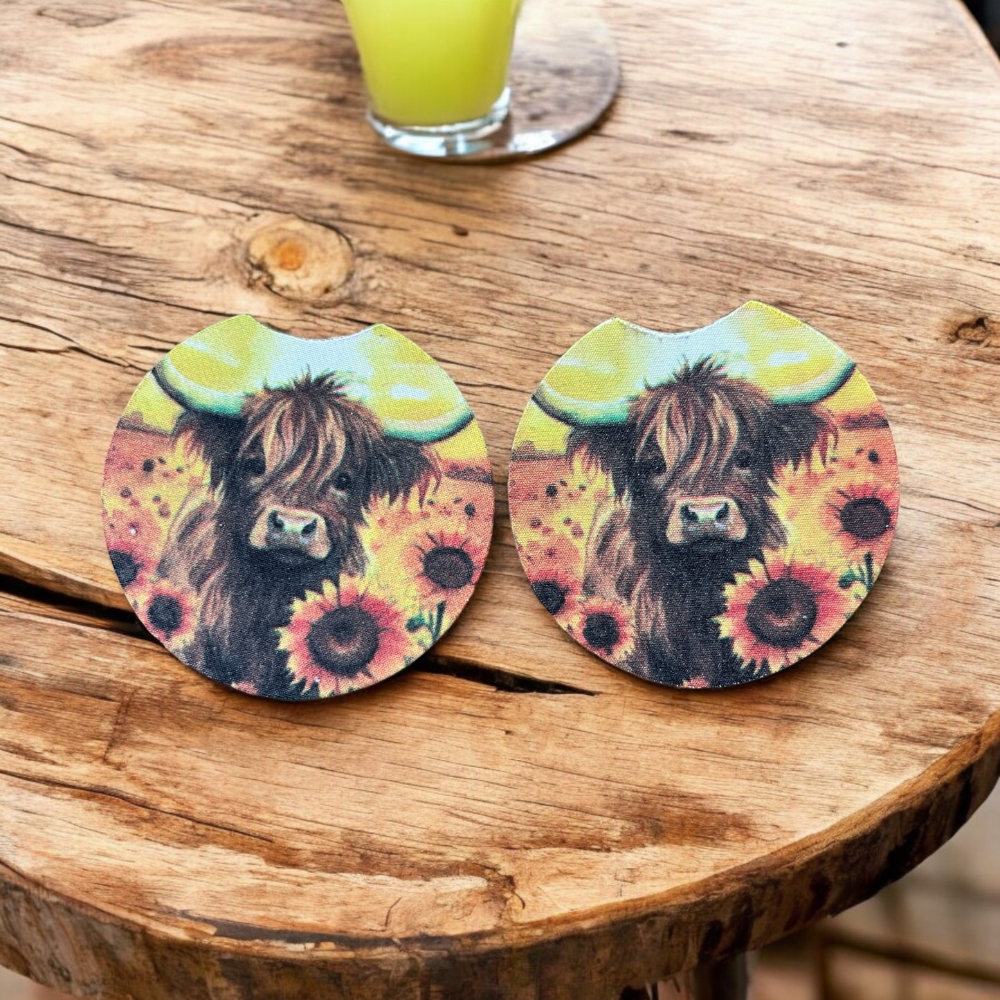 Sunflower Highland Cow Neoprene Car Coaster Set