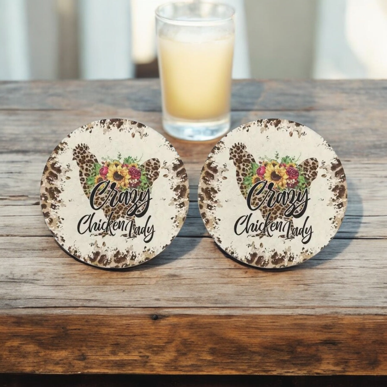 Crazy Chicken Lady Neoprene Car Coaster Set