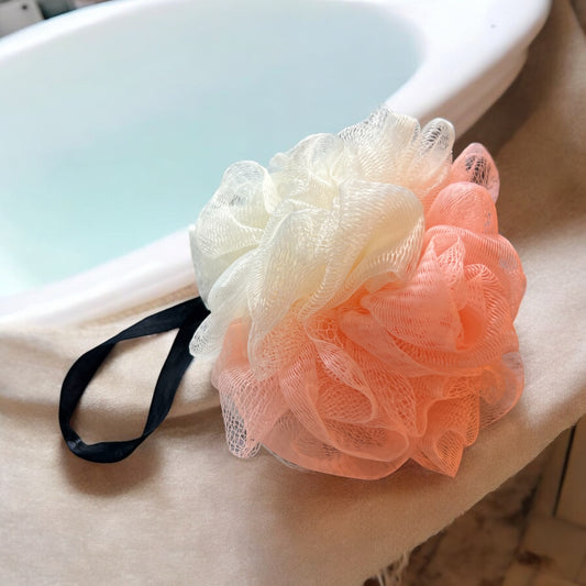 Pink/White Mesh Bath Pouf Scrubber