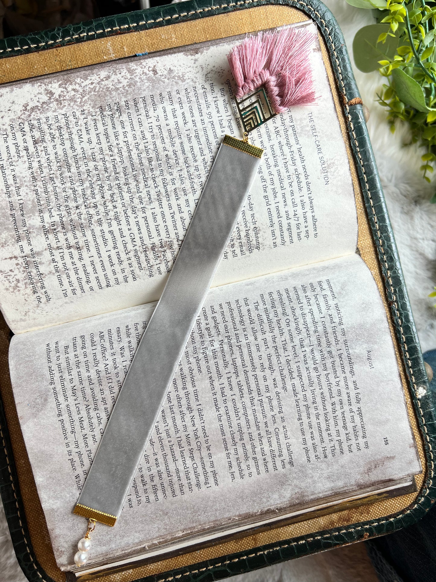 Pink, Gold, Grey Velvet Ribbon Bookmark