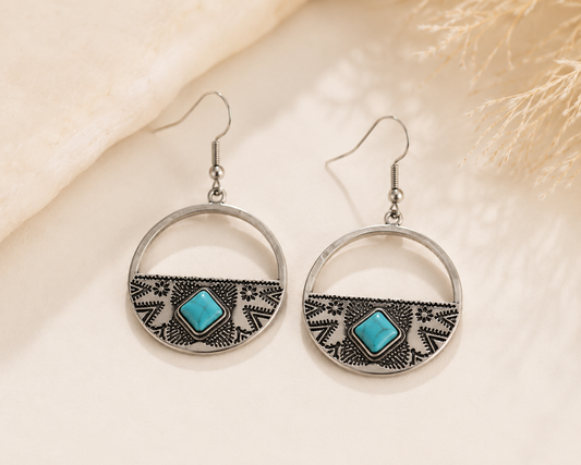 Western Turquoise Hoop Earrings – Silver Boho Statement Earrings