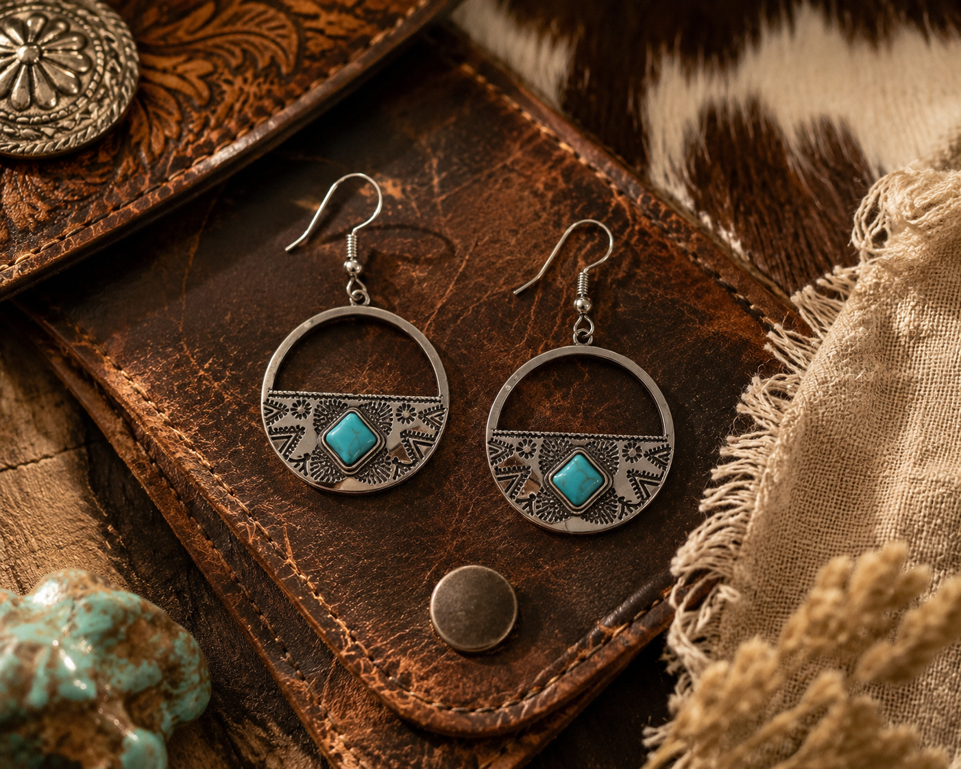 Western Turquoise Hoop Earrings – Silver Boho Statement Earrings