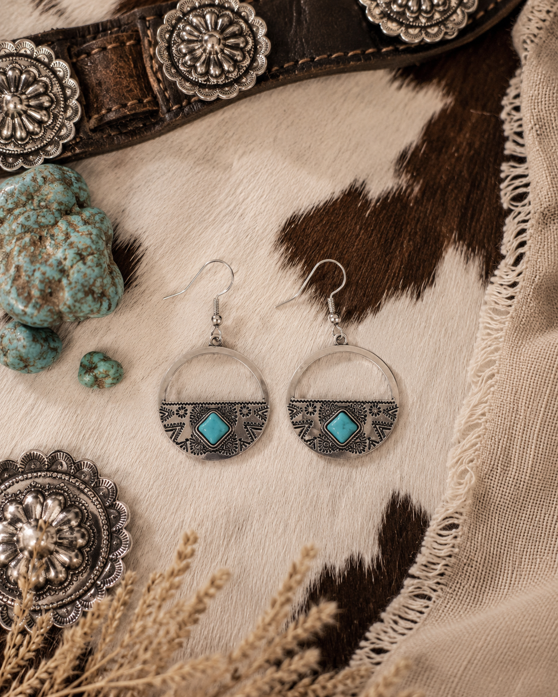 Western Turquoise Hoop Earrings – Silver Boho Statement Earrings