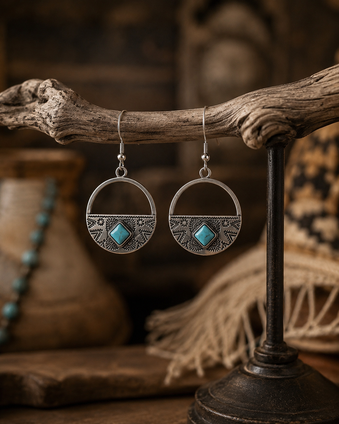 Western Turquoise Hoop Earrings – Silver Boho Statement Earrings