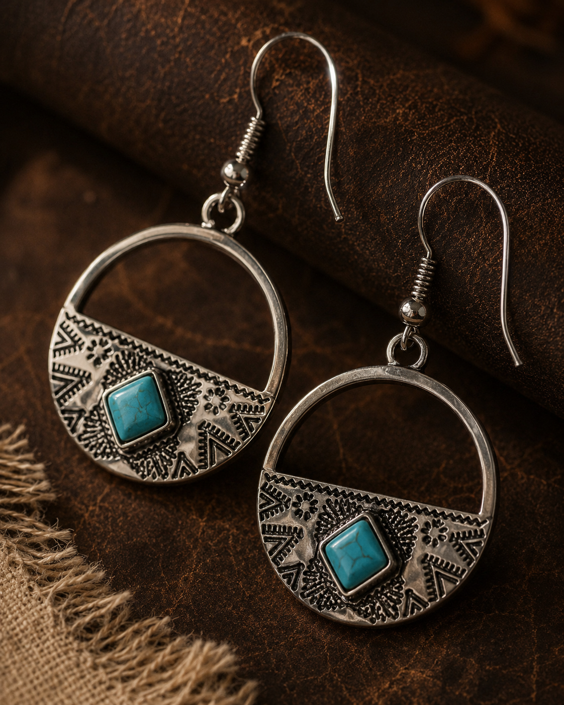 Western Turquoise Hoop Earrings – Silver Boho Statement Earrings