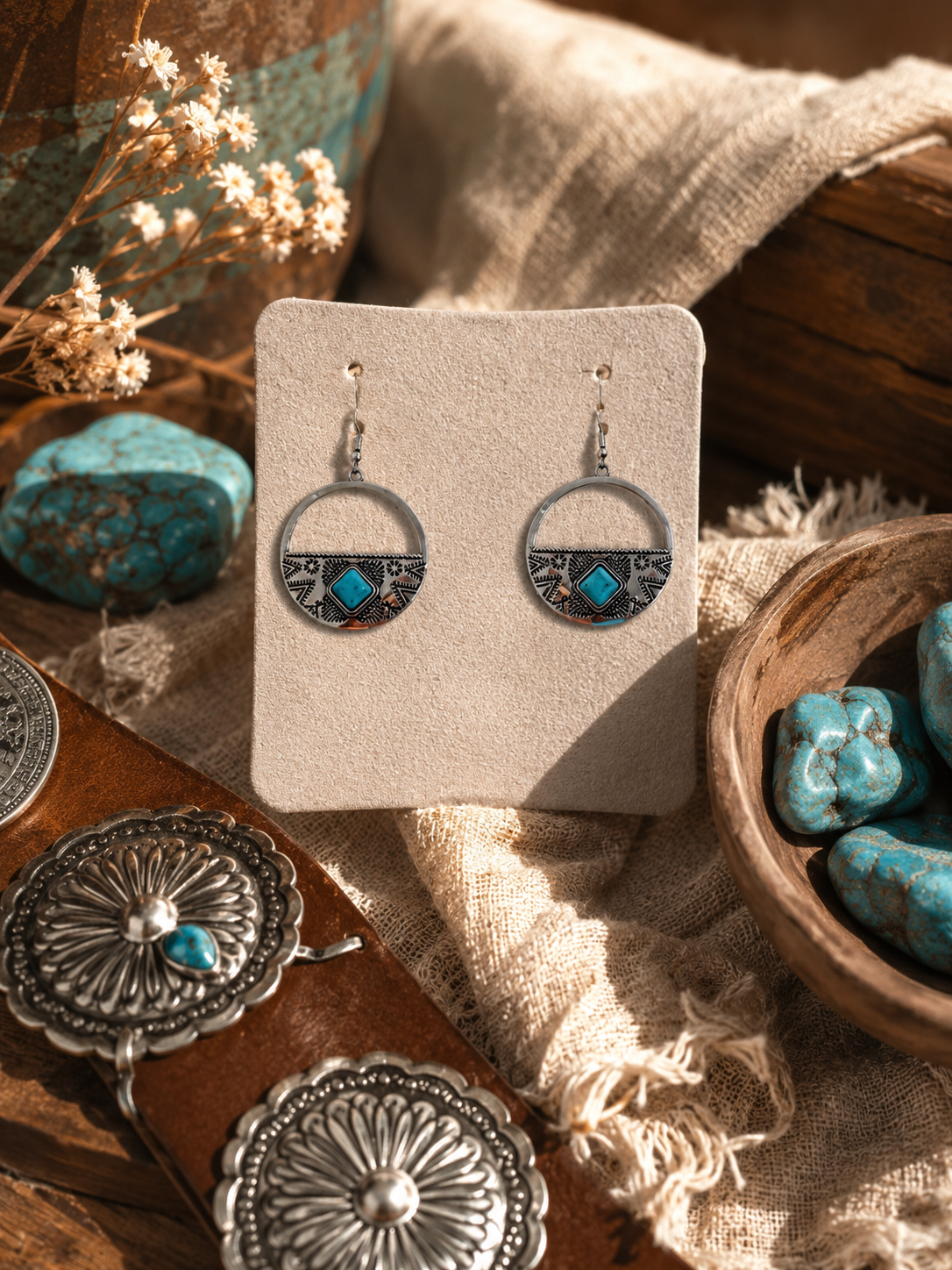 Western Turquoise Hoop Earrings – Silver Boho Statement Earrings