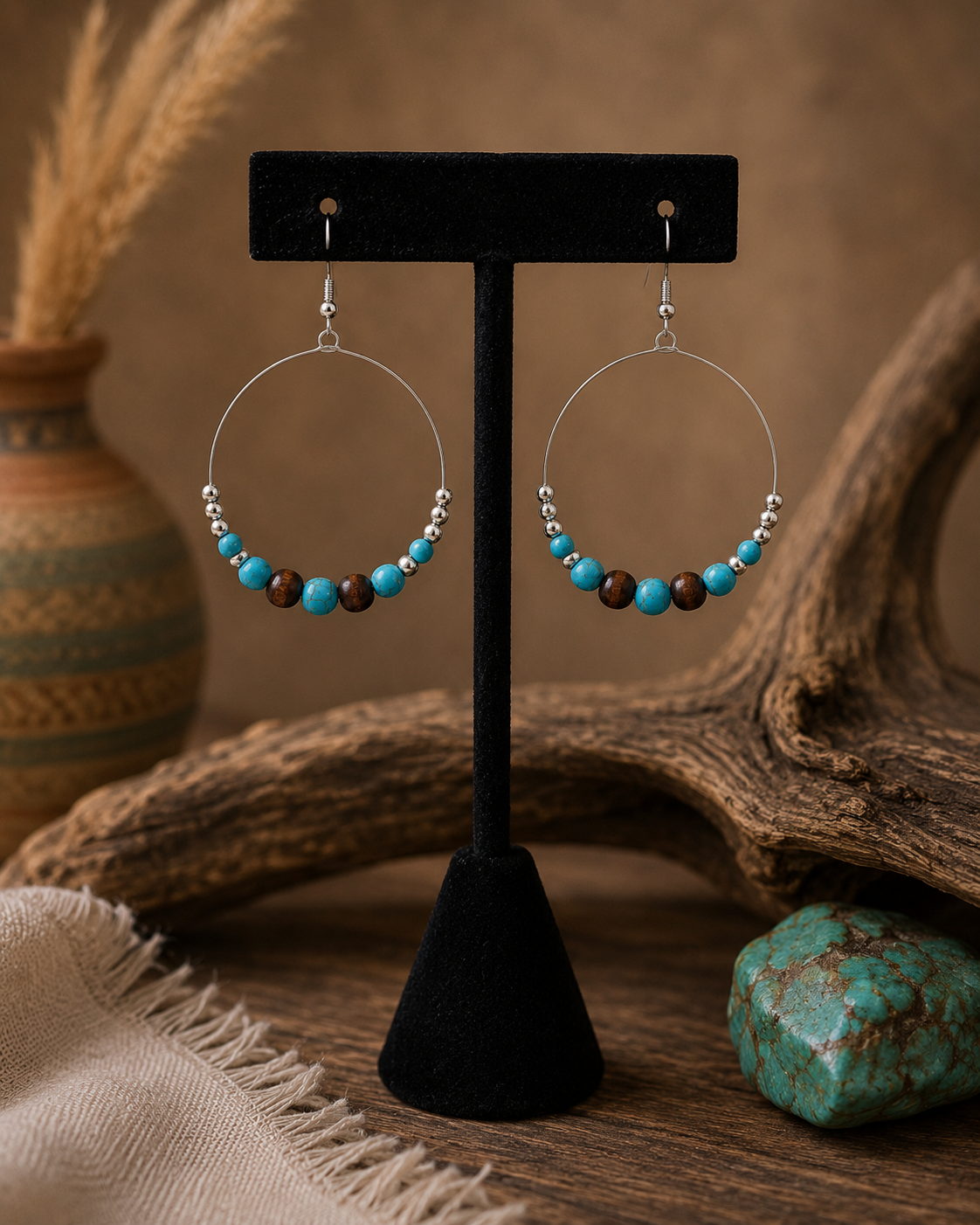 Turquoise & Wood Beaded Hoop Earrings
