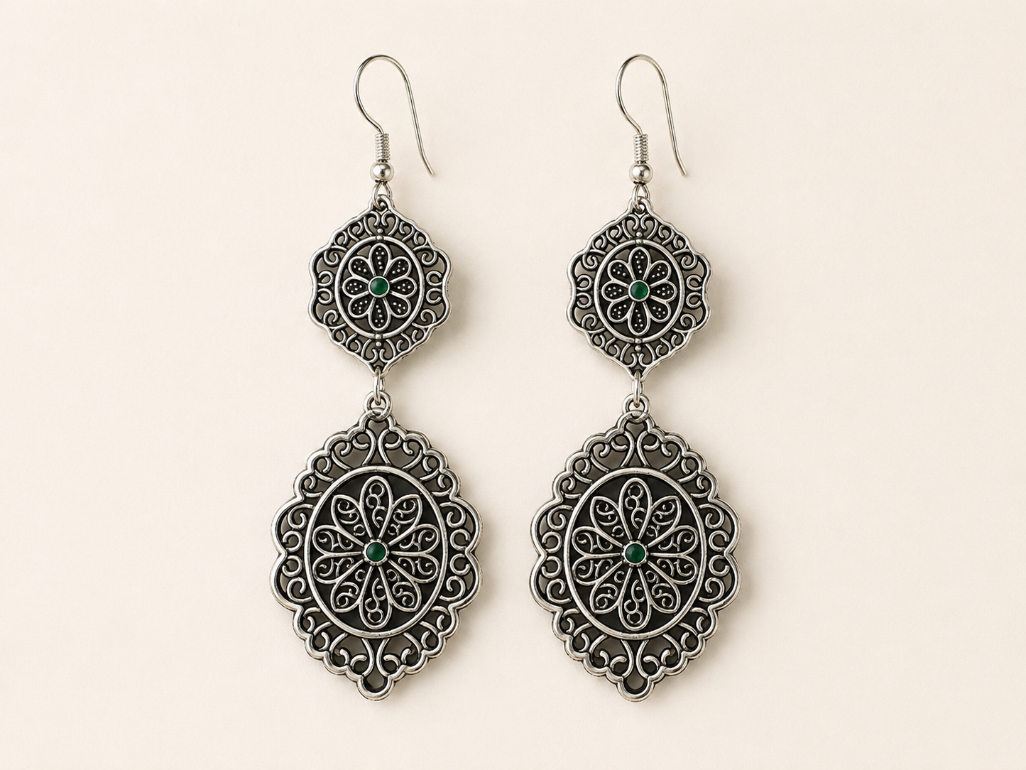 Vintage Style Filigree Statement Earrings – Silver Tone Floral Scrollwork Dangle Earrings