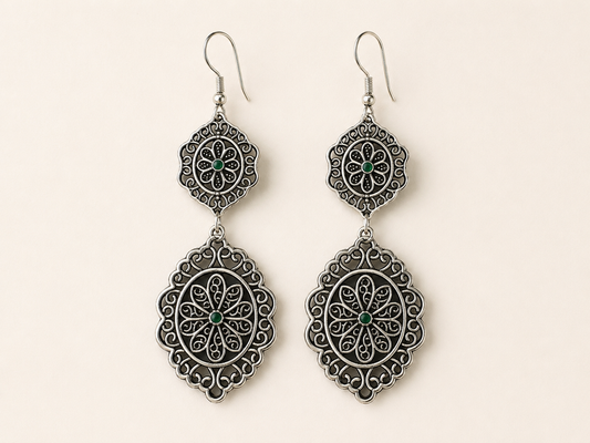 Vintage Style Filigree Statement Earrings – Silver Tone Floral Scrollwork Dangle Earrings
