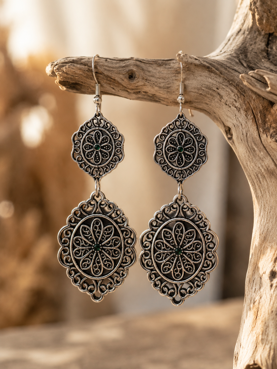 Vintage Style Filigree Statement Earrings – Silver Tone Floral Scrollwork Dangle Earrings