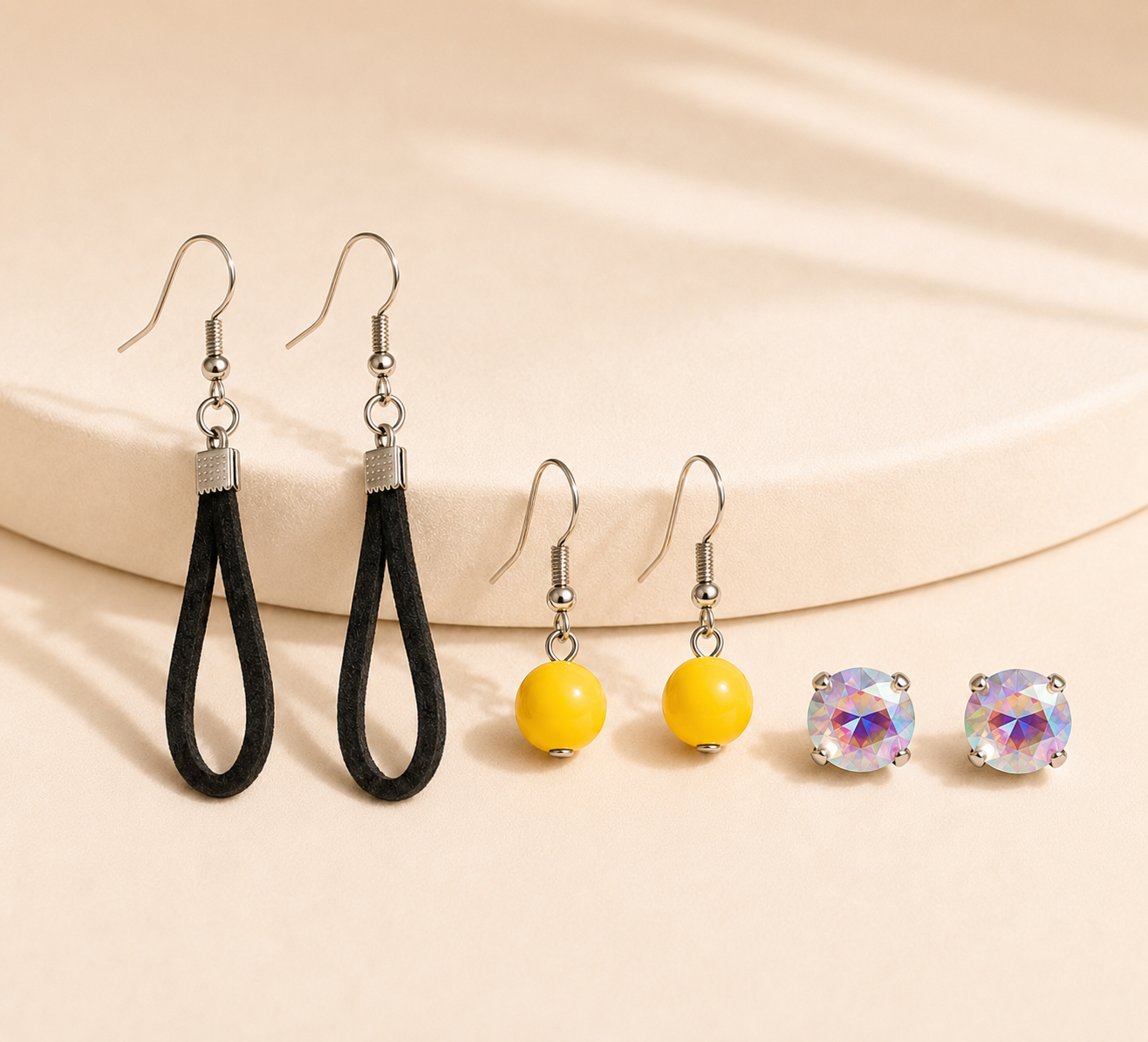Yellow Pop & Black Leather Earring Trio