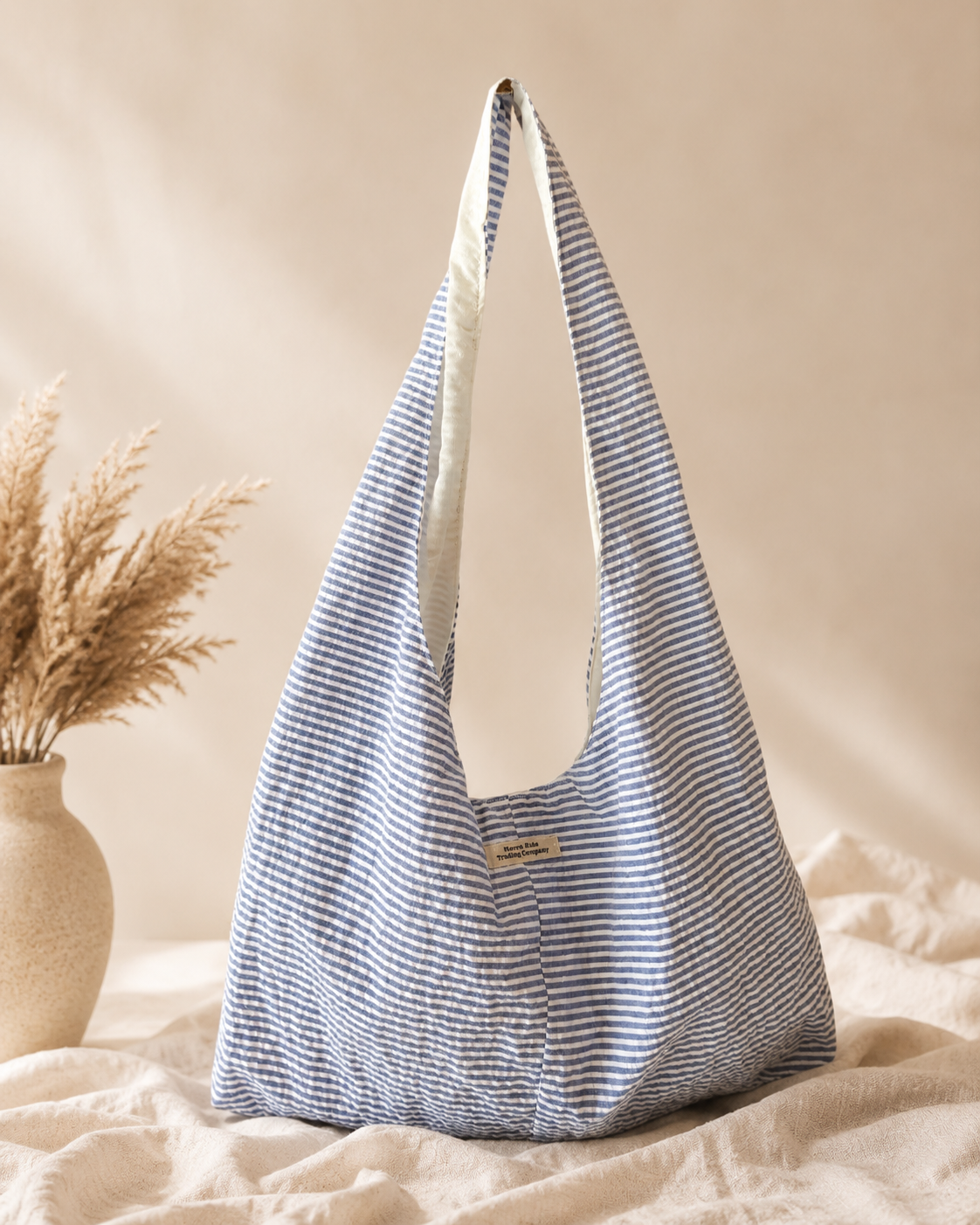 Blue & White Stripe Twist Handle Hobo Bag | Coastal Boho Shoulder Purse