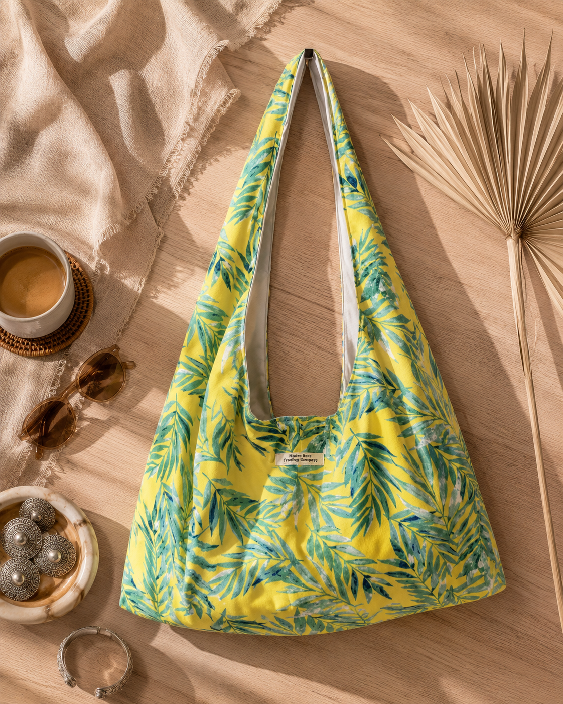 Tropical Leaf Twist Handle Slouchy Hobo Bag – Handmade Coastal Boho Shoulder Purse
