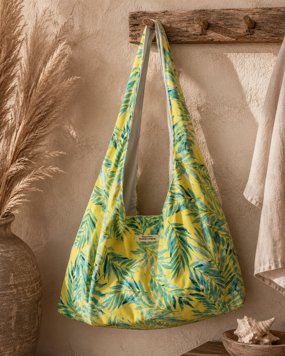 Tropical Leaf Twist Handle Slouchy Hobo Bag – Handmade Coastal Boho Shoulder Purse