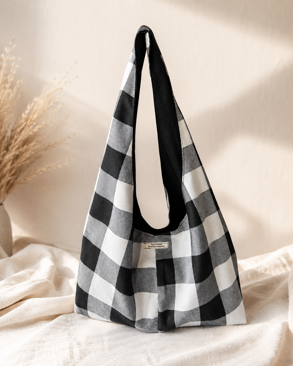 Handmade Black & White Buffalo Check Slouchy Hobo Bag – Twist Handle Tote