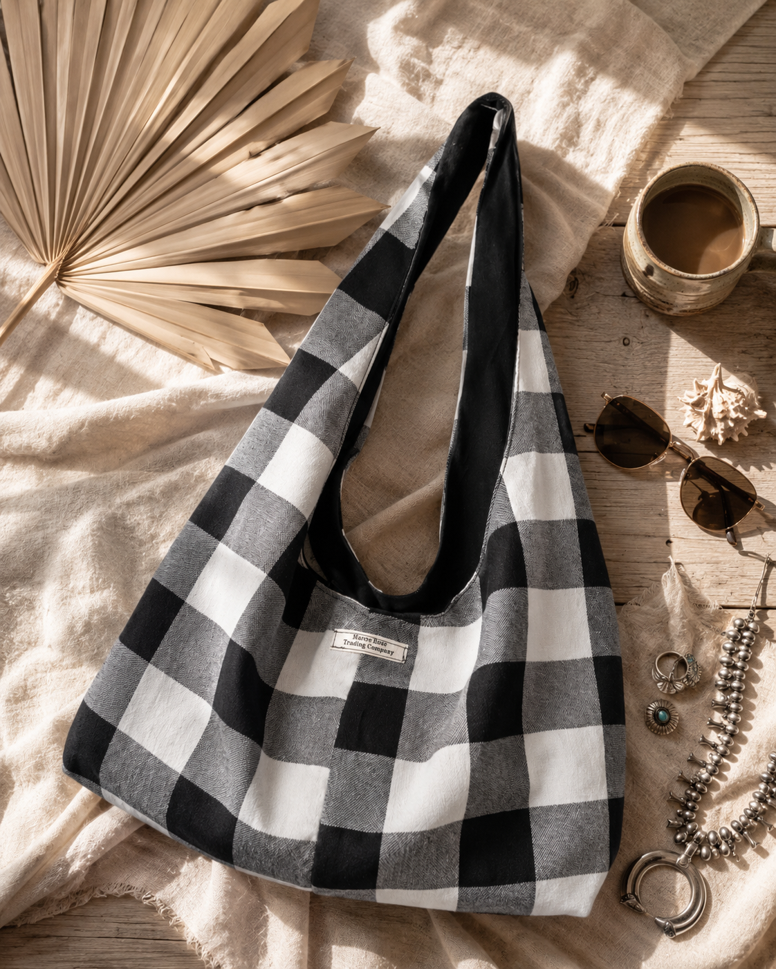 Handmade Black & White Buffalo Check Slouchy Hobo Bag – Twist Handle Tote