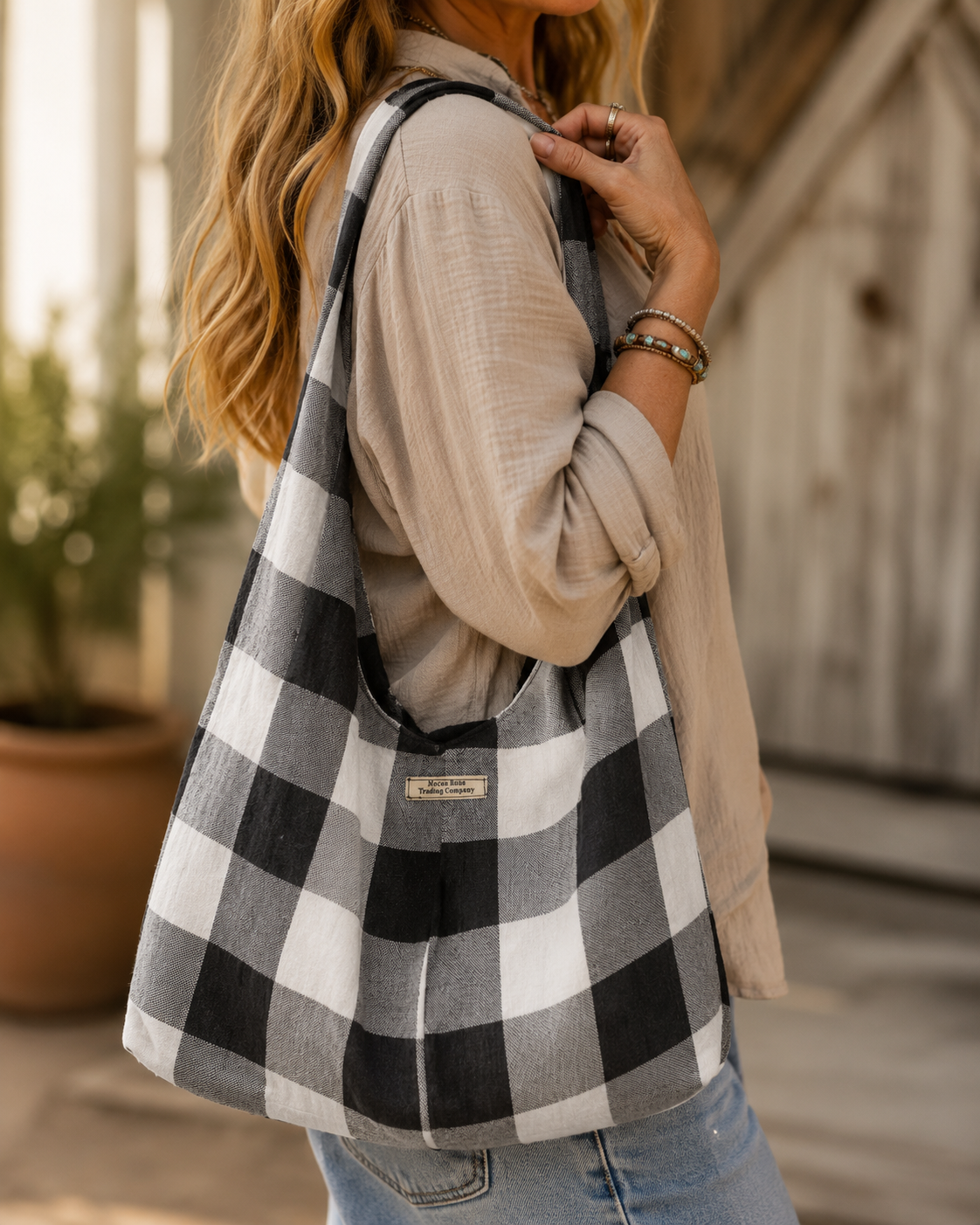 Handmade Black & White Buffalo Check Slouchy Hobo Bag – Twist Handle Tote
