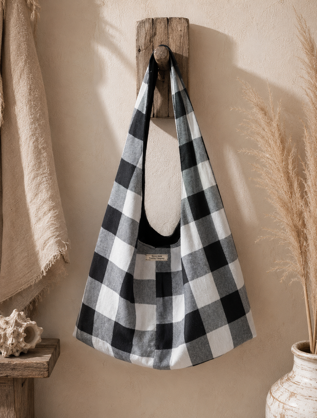 Handmade Black & White Buffalo Check Slouchy Hobo Bag – Twist Handle Tote