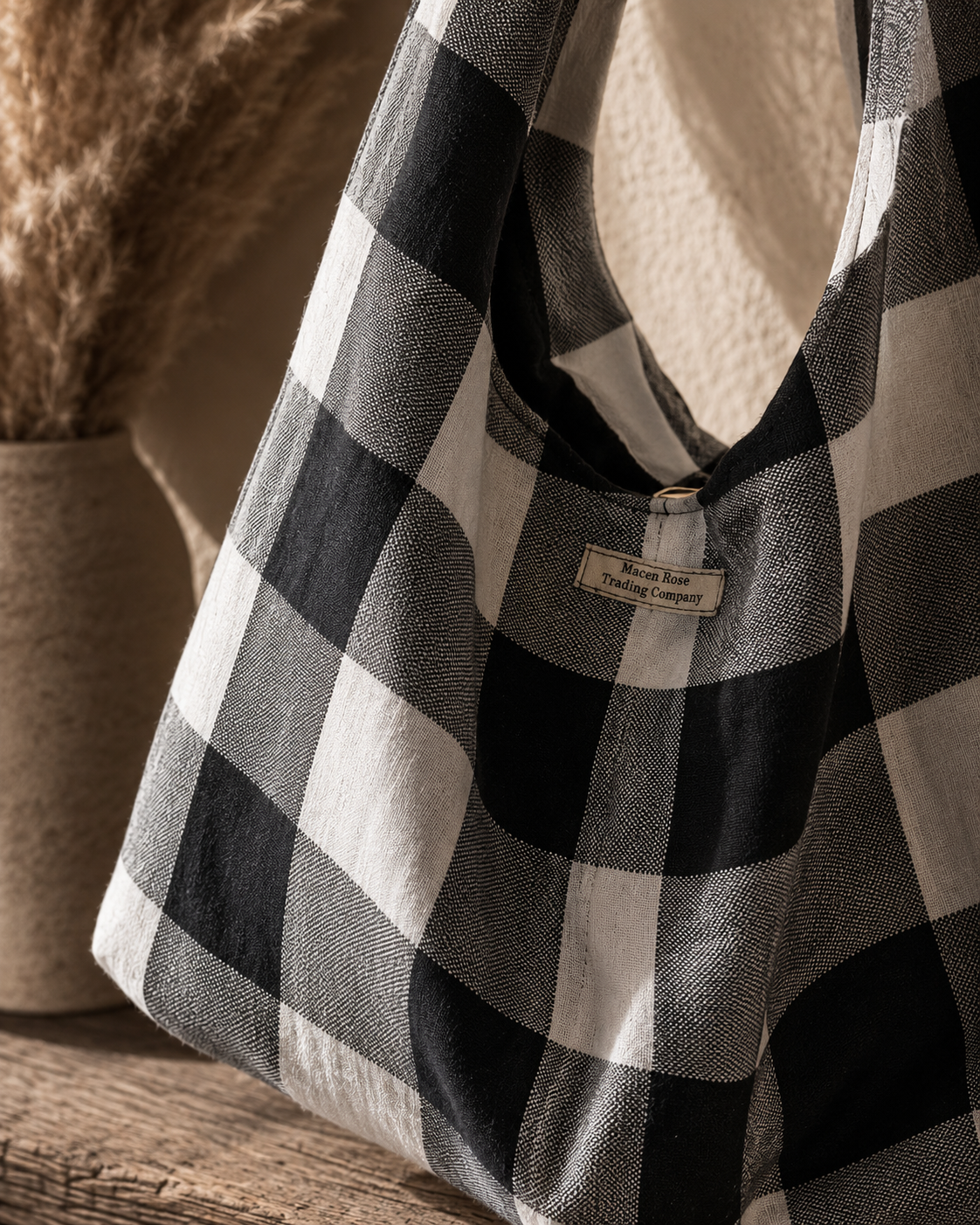 Handmade Black & White Buffalo Check Slouchy Hobo Bag – Twist Handle Tote