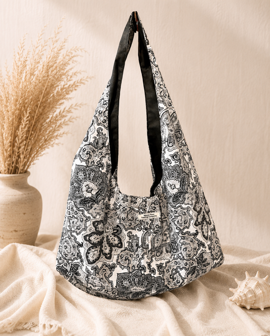Black Paisley Slouchy Hobo Bag – Handmade Boho Shoulder Tote