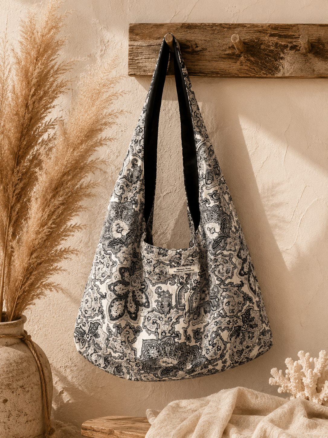 Black Paisley Slouchy Hobo Bag – Handmade Boho Shoulder Tote