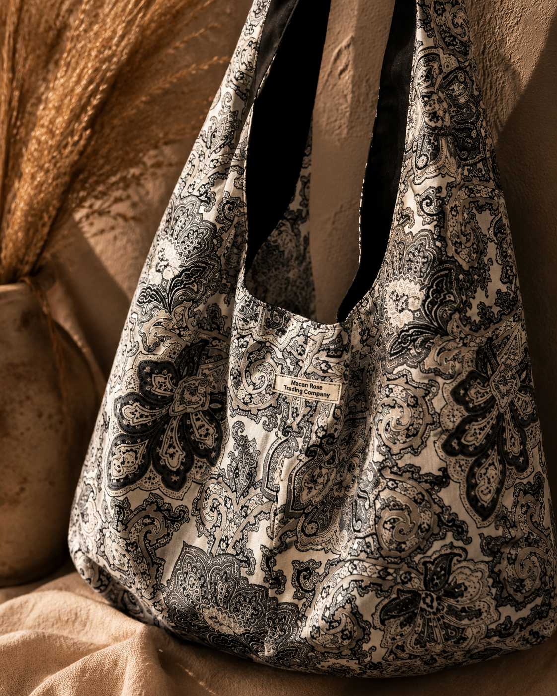 Black Paisley Slouchy Hobo Bag – Handmade Boho Shoulder Tote