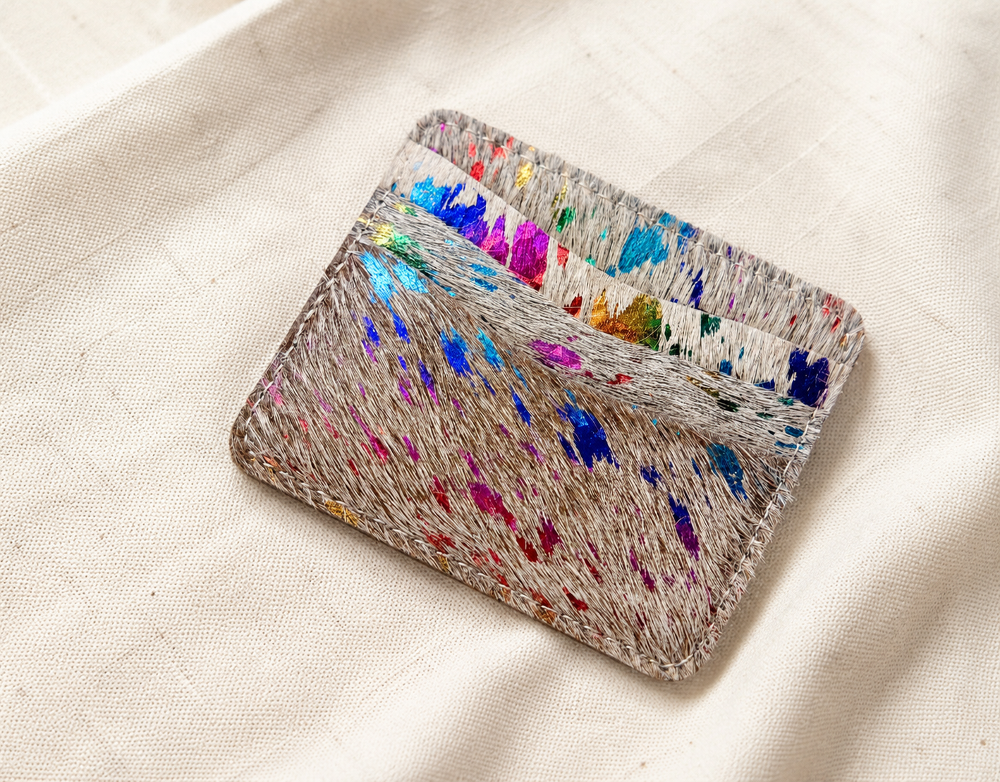 Handmade Rainbow Cowhide Credit Card Holder Wallet