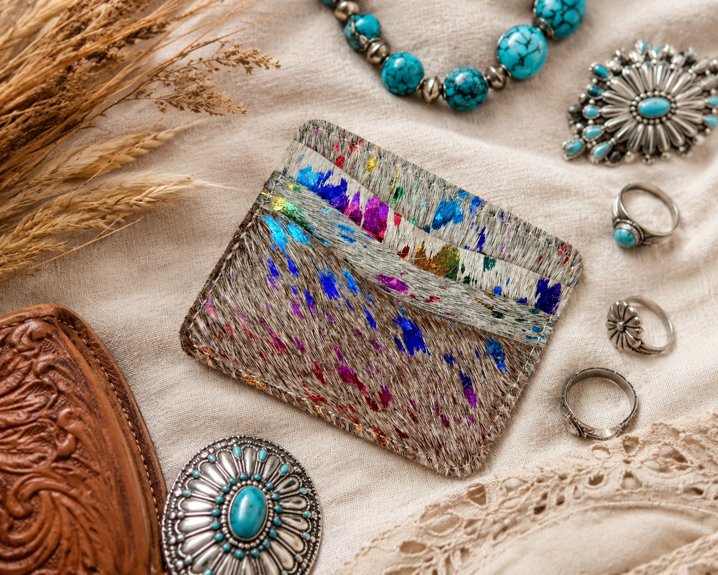 Handmade Rainbow Cowhide Credit Card Holder Wallet
