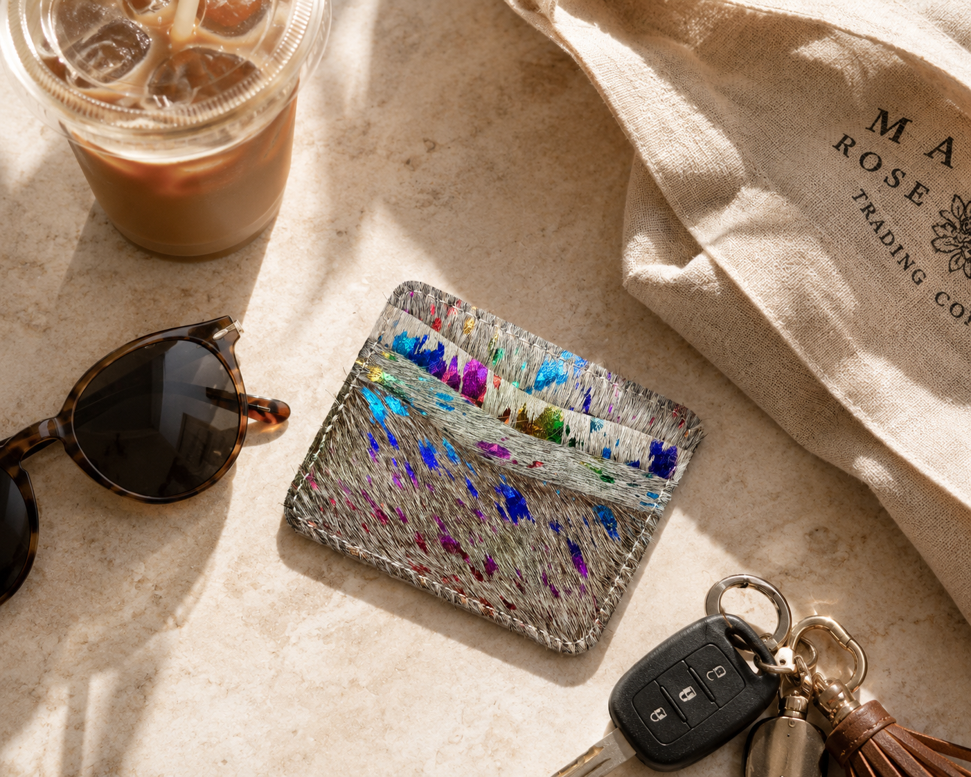 Handmade Rainbow Cowhide Credit Card Holder Wallet
