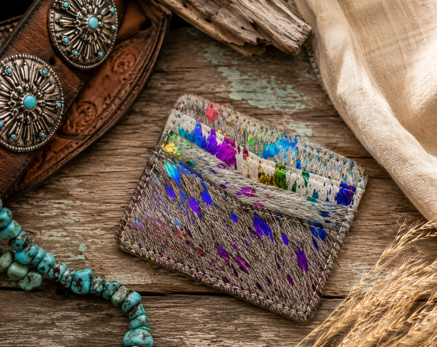Handmade Rainbow Cowhide Credit Card Holder Wallet
