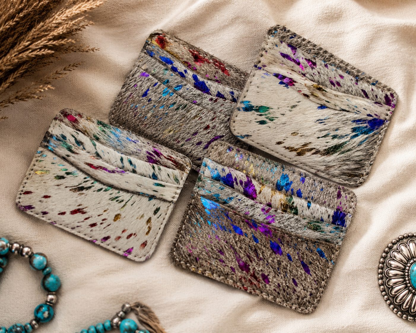 Handmade Rainbow Cowhide Credit Card Holder Wallet