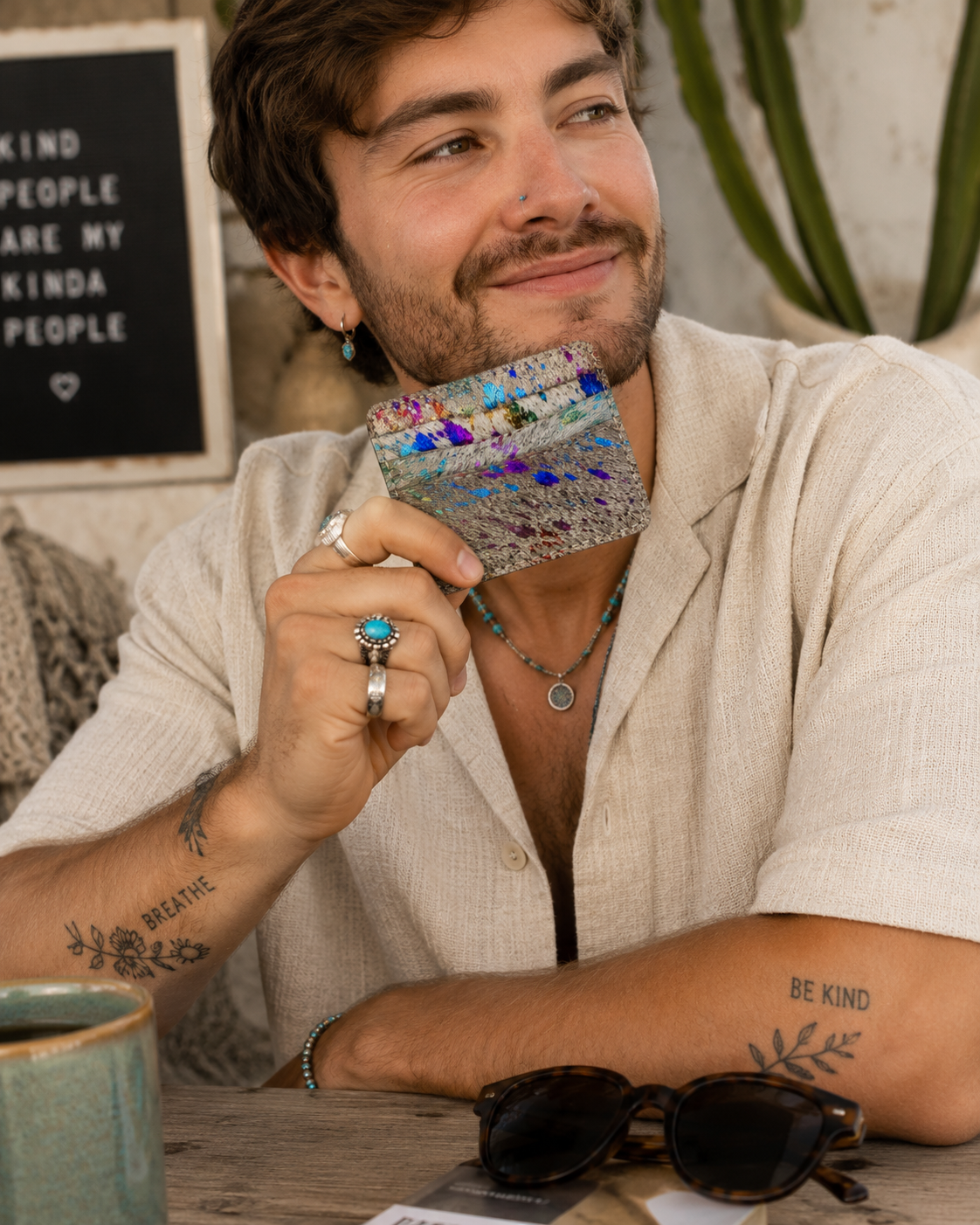 Handmade Rainbow Cowhide Credit Card Holder Wallet