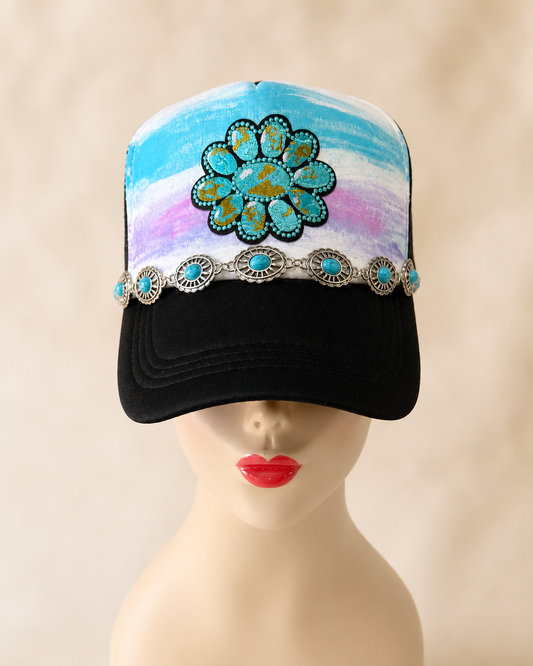 Turquoise Bloom Hand-Painted Trucker Hat